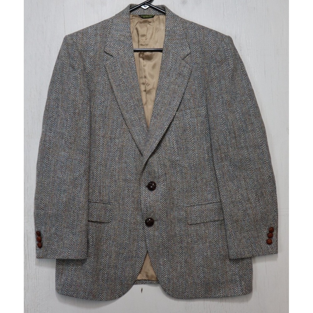Harris Tweed Mens 100% Wool 2-Button Blazer Brown Herringbone Size 42R